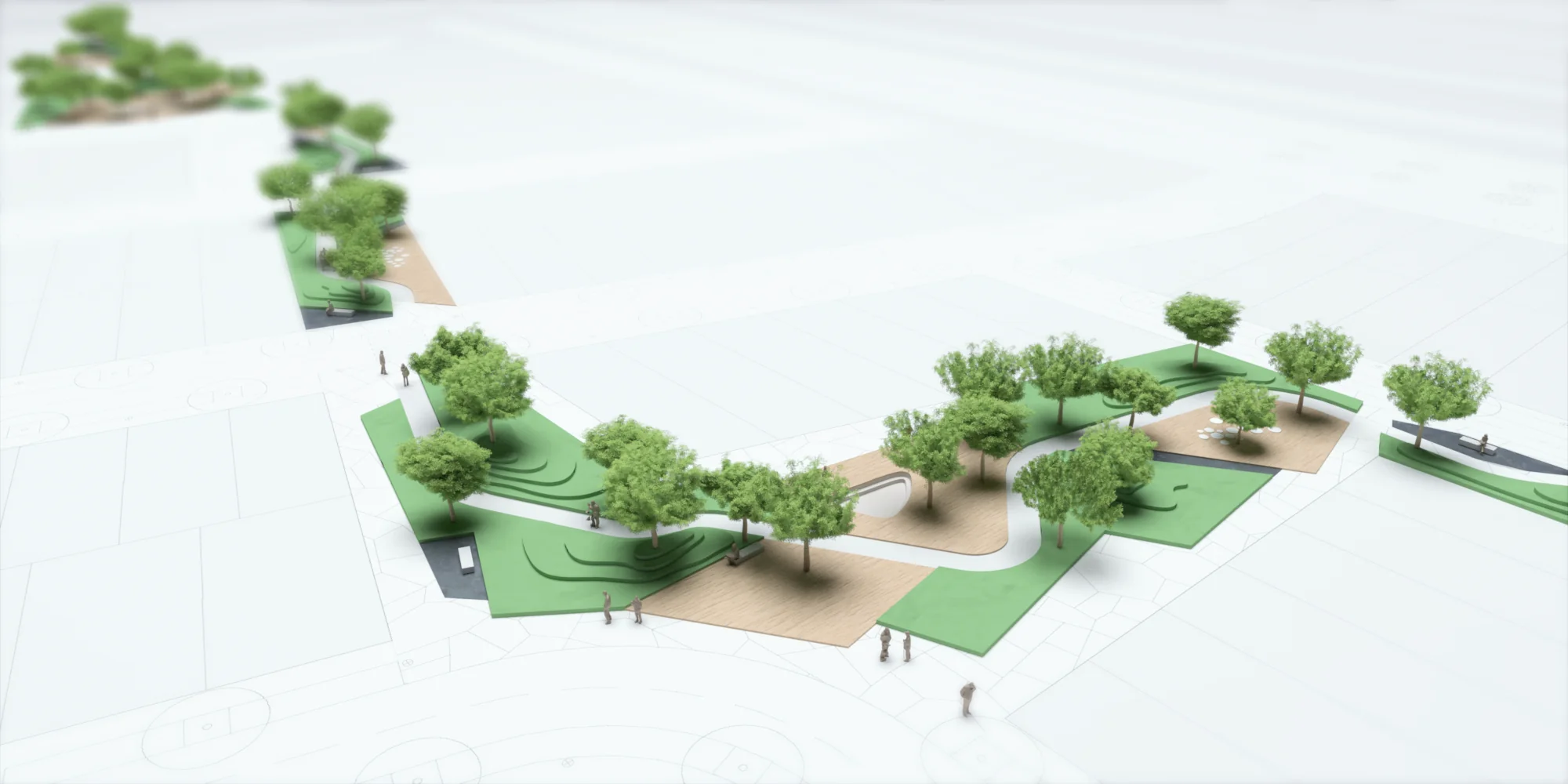 Render de un espacio público con olivar: caminos, zonas verdes y arbolado en una trama urbana