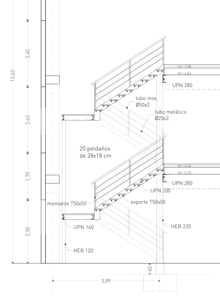 Detalle constructivo de la escalera metálica de Pikolín Tenerife