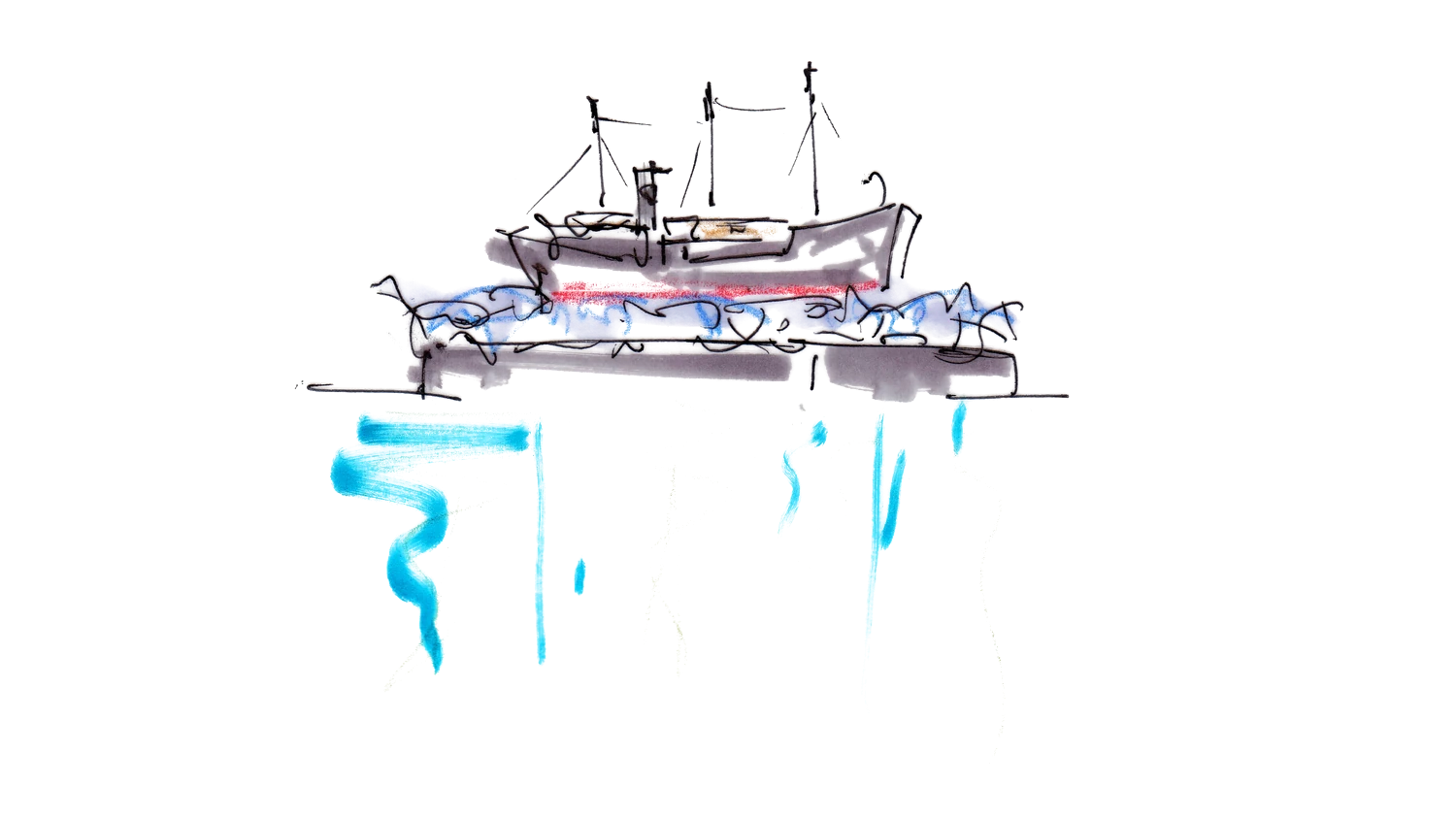 Boceto del conjunto barco-pontón del SS Robin